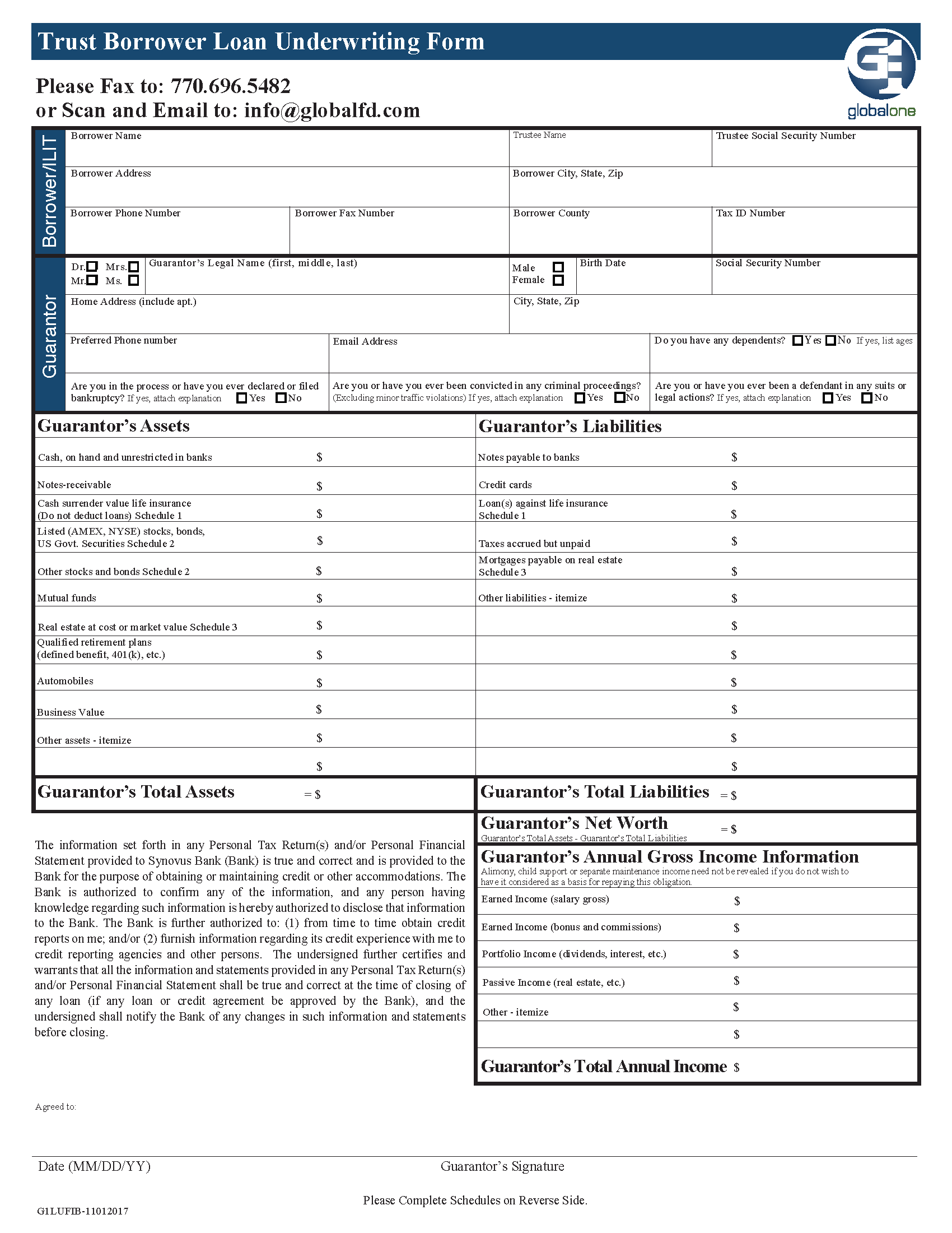 Trust Borrower Loan Underwriting Form - Global Financial Distibutors